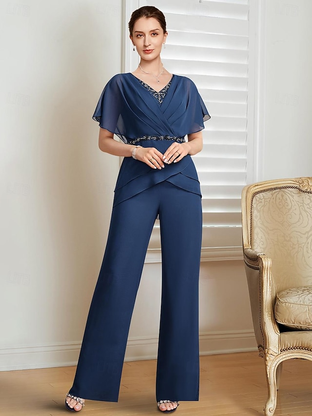  Two Piece Jumpsuit / Pantsuit Mother of the Bride Dress  Wedding Guest Elegant Vintage Party Jewel Neck V Neck Floor Length Chiffon Short Sleeve Half Sleeve with Sash / Ribbon Ruched Beading 2024