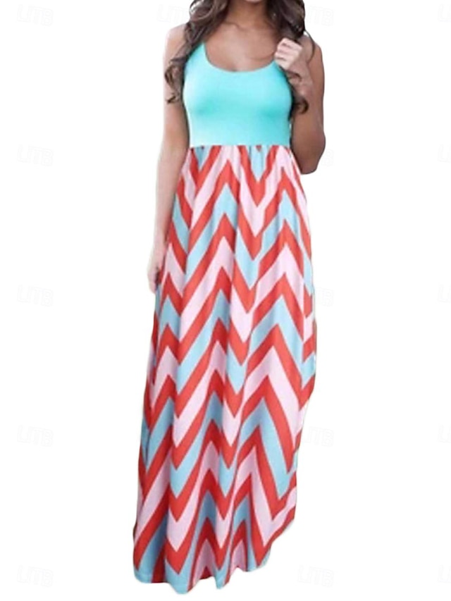  Women's Casual Dress Stripe Patchwork U Neck Long Dress Maxi Dress Bohemia Party Date Sleeveless Summer