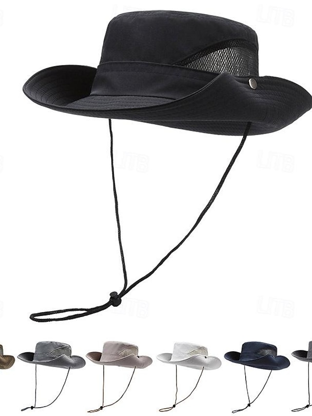  Men's Bucket Hat Sun Hat Black Navy Blue Polyester Mesh Drawstring Fashion Casual Street Daily Plain Adjustable Sunscreen Breathable