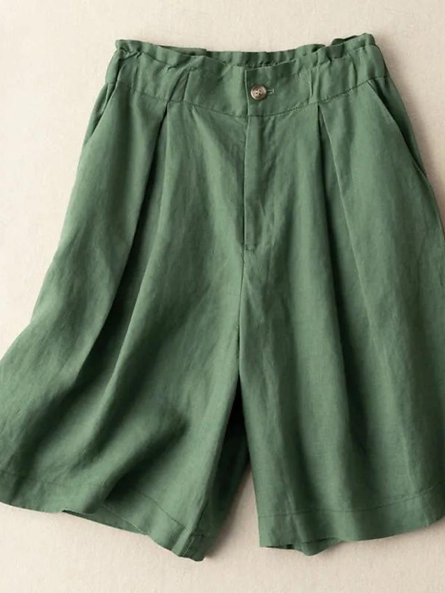  Damskie Szorty Bawełna Boczne kieszenie Spodnie szerokie nogawki Krótki Zielony Lato