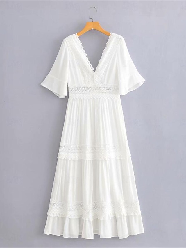  Dame Hvit kjole Maxikjole med erme Feriereise Elegant V-hals Halvlange ermer Hvit Farge