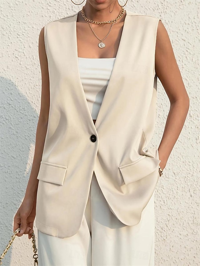  Women's Tank Top Vest Plain Work Daily Button Pocket Beige Sleeveless Basic Modern V Neck Summer
