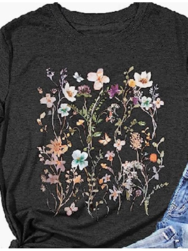  Naisten T-paita Kukka Loma Viikonloppu Painettu Musta Lyhythihainen Muoti V kaula-aukko Kesä