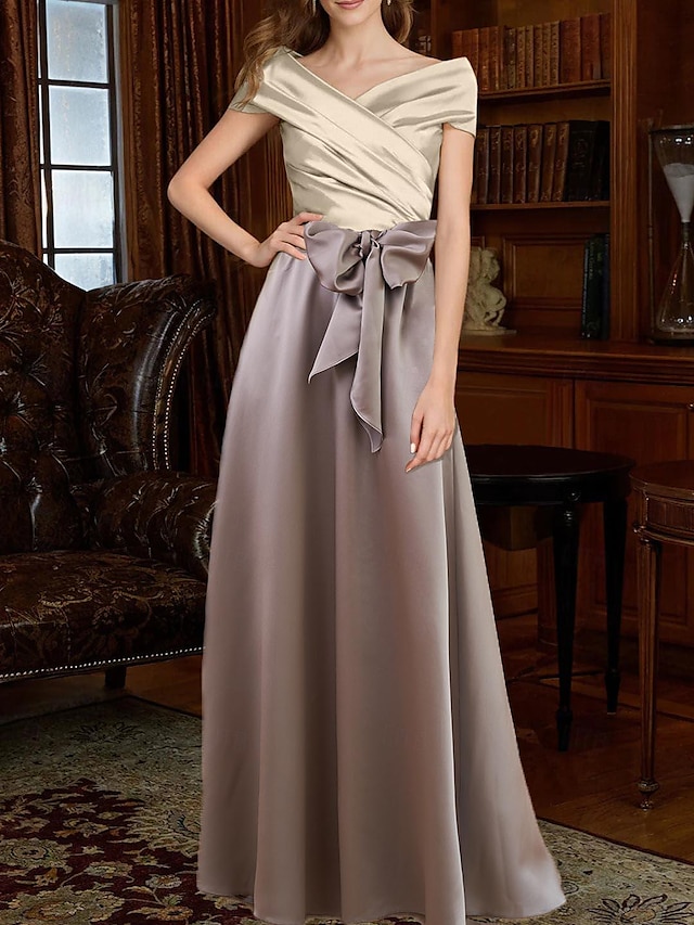  A-Line Sheath / Column Wedding Guest Dresses Elegant Dress Wedding Guest Floor Length Sleeveless Cowl Neck Chiffon Backless with Bow(s) Pleats Ruched 2024