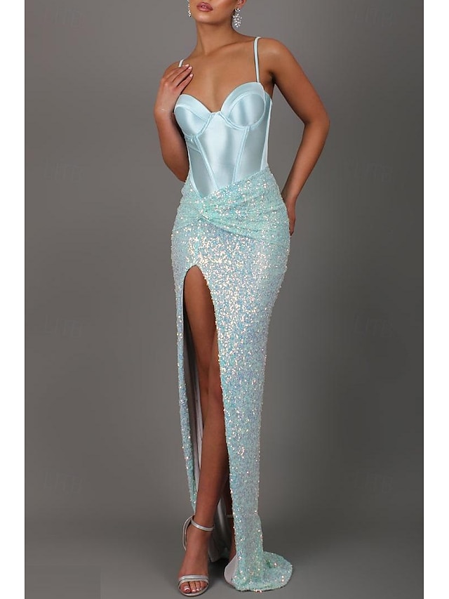  Mermaid Prom Dresses Corsets Sage Dress Formal Evening Party Floor Length Sleeveless Spaghetti Strap Sequined with Ruched Sequin 2024