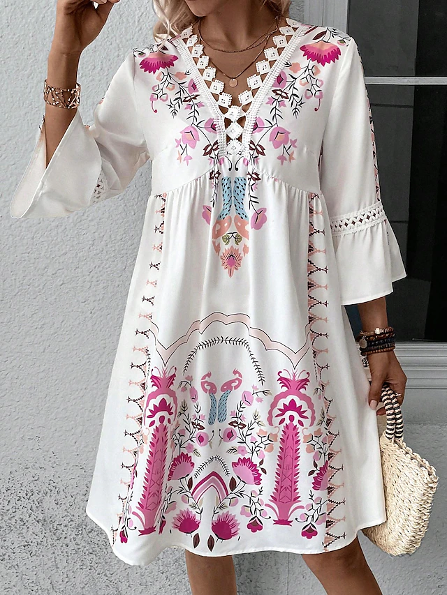 Women's Midi Dress Chiffon Dress Boho Chic Dresses Boho Dress Elegant Dress Elegant Bohemia Vintage Vacation Daily Date Slim Floral Short Sleeve V Neck Black Pink Red Beige Summer Spring Fall Winter 15