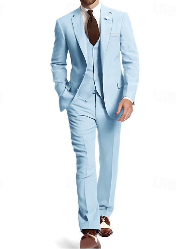  Silver Light Blue Black Men's Wedding Suits Solid Colored 3 Piece Standard Fit Single Breasted Two-button 2024