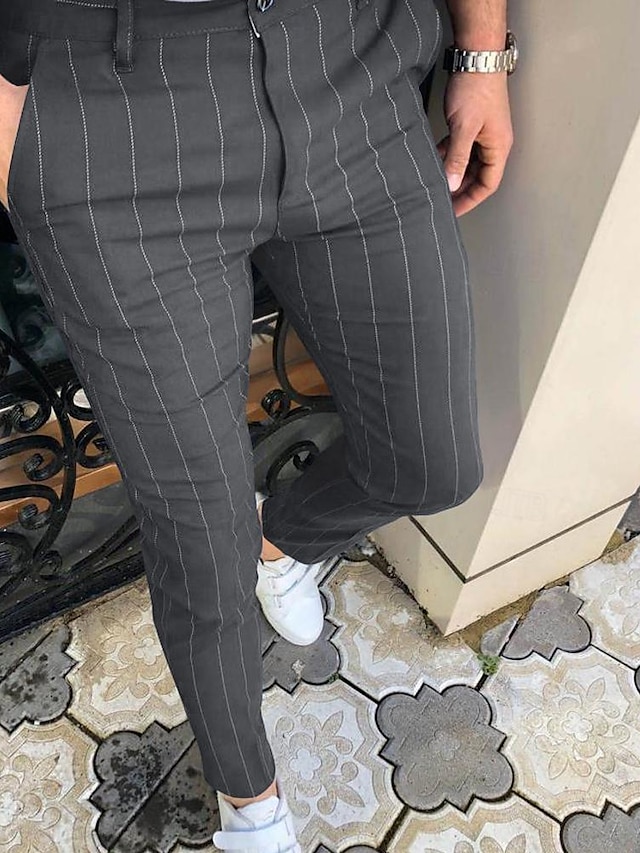  Men's Dress Pants Trousers Chinos Button Pocket Stripe Comfort Formal Party Work Fashion Classic Style Black Navy Blue Micro-elastic