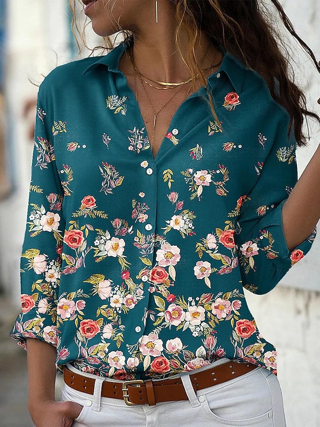  Women's Shirt Blouse Floral Button Print Daily Vacation Casual Long Sleeve Shirt Collar Blue Spring &  Fall