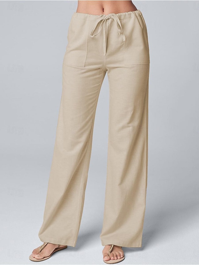  Bas Intérieur du quotidien Femme Coton et lin Respirable Mode basique Confort Pantalon long Poche Taille elastique Eté Couleur monochrome