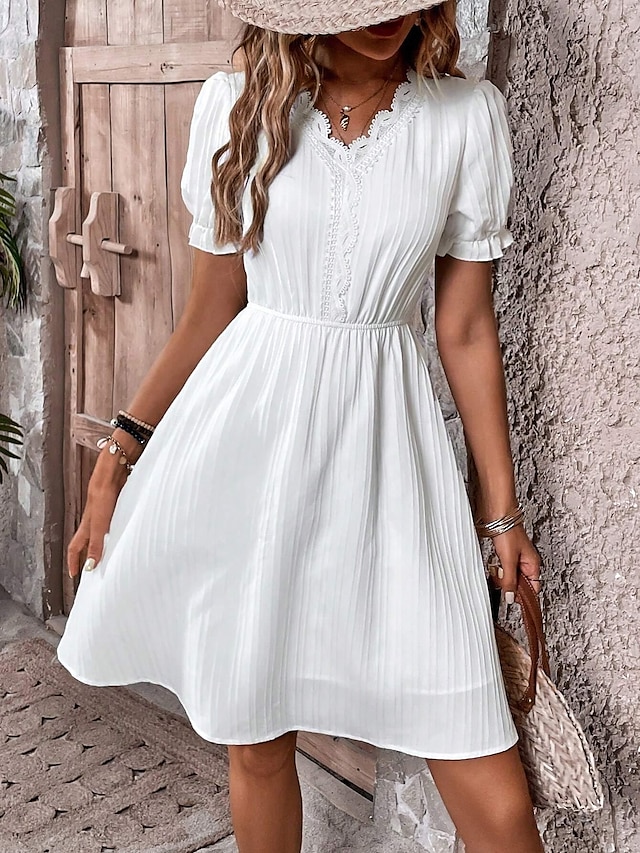  نسائي لباس غير رسمي فستان قصير دانتيل كاجوال رقبة عالية مدورة نصف كم أبيض اللون