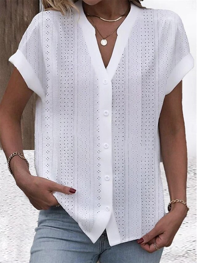 White Short-Sleeve Button-Up Shirt With A Lace Pattern main image 1
