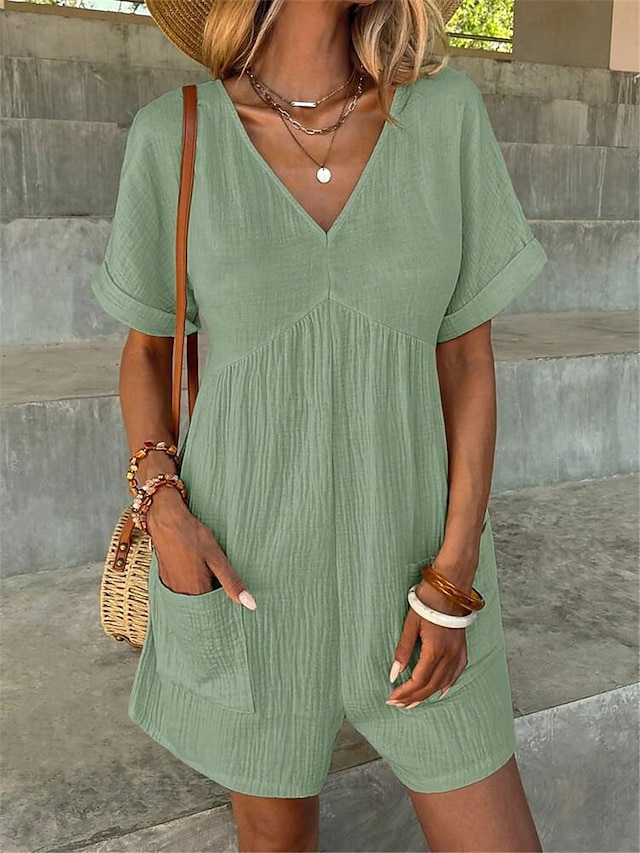  Women's Romper Pocket Solid Color V Neck Basic Daily Weekend Regular Fit Short Sleeve Black Navy Blue Green S M L Summer