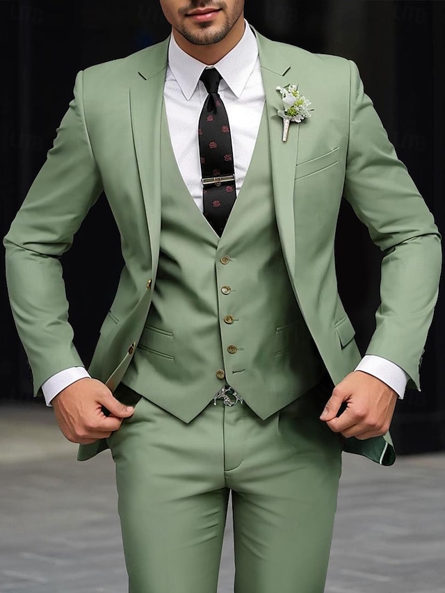  Verde scuro Cachi Verde militare Uomo Matrimonio Abiti Tinta unita Set 3 pezzi Festa Vestiti Taglio sartoriale Monopetto - 2 bottoni 2024