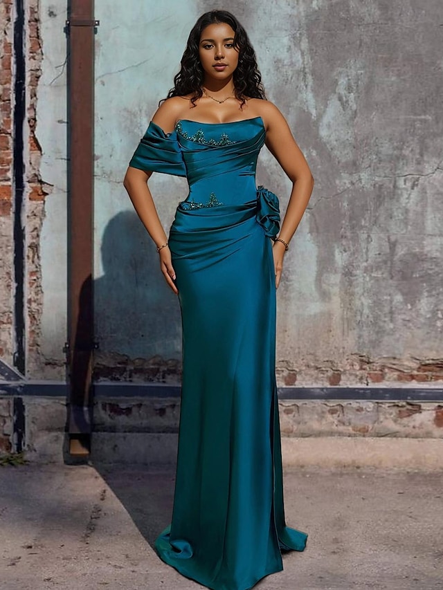  A-Line Evening Gown Elegant Dress Formal Floor Length Sleeveless Strapless Satin with Rhinestone Slit 2024