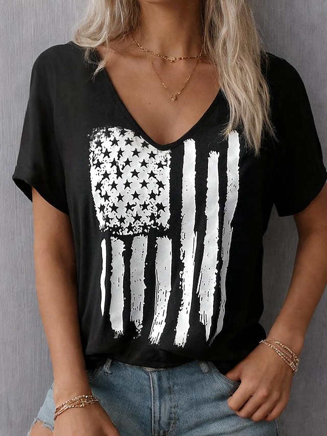  Femme T shirt Tee Drapeau USA du quotidien Jour de l'Indépendance mode Manche Courte Col V Noir Eté Printemps