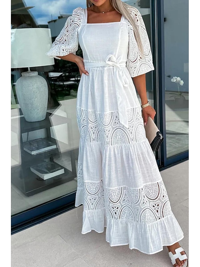  Dámské Bílé krajkové svatební šaty Maxi šaty s rukávem Elegantní Do V Poloviční rukáv Bílá Světlá růžová Fialová Barva