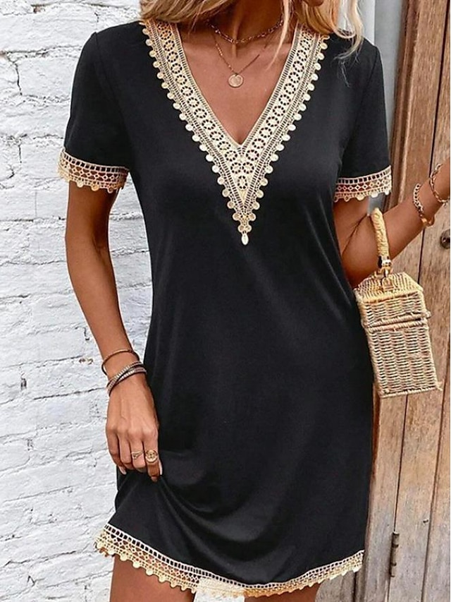  Dames Zwarte jurk Halflange jurk Kanten rand Feest Elegant Vintage V-hals Mouwloos Zwart Kleur