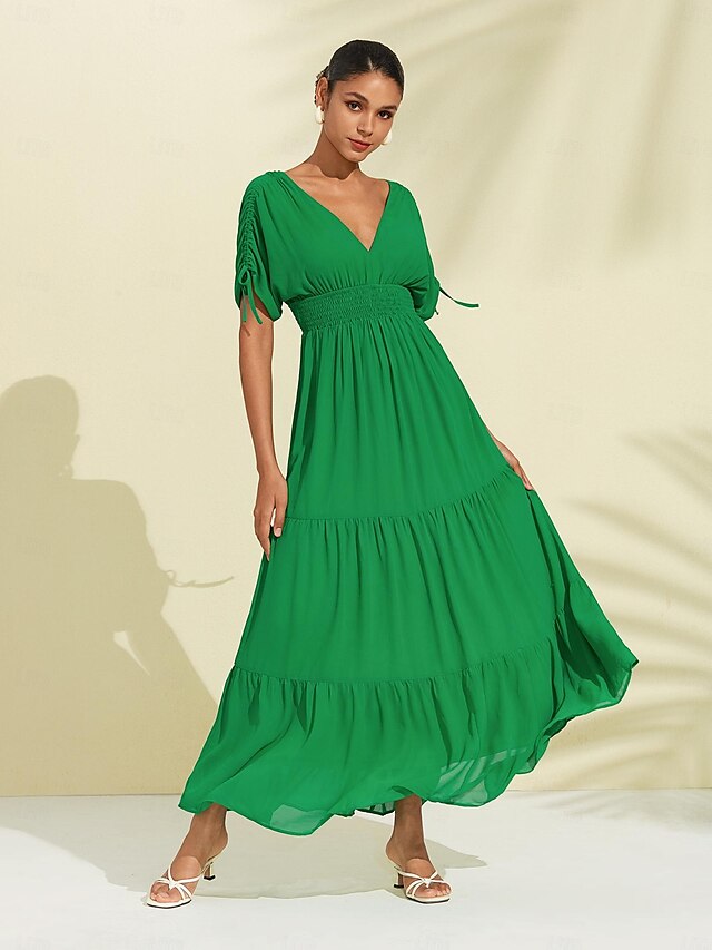  Robe longue en mousseline de soie pour femmes, col licou, col en V, dos nu, smockée, vert