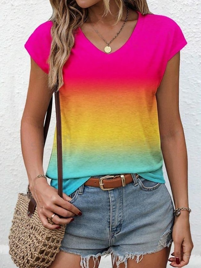  Women's Tank Top Ombre Color Gradient Print Batwing Sleeve Rainbow Sleeveless V Neck Summer