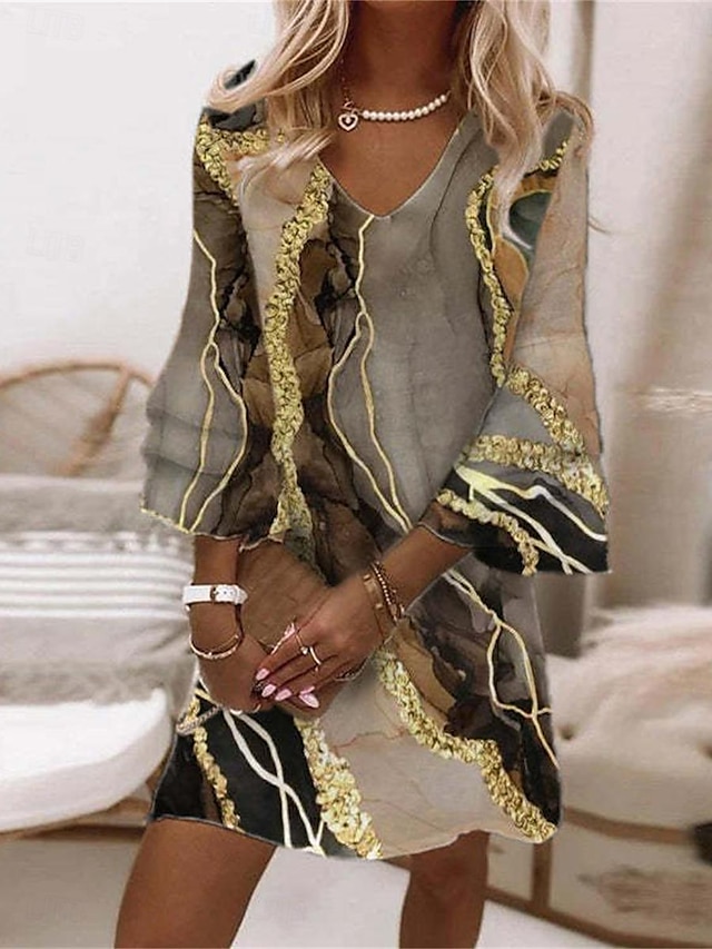  Femme Robe casual Floral Impression de marbre A Volants Imprimer Col V Mini robe mode du quotidien Vacances Manches 3/4 Eté