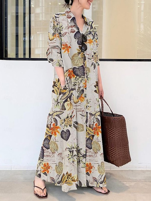  Damen Schwarz Orange Rosenrot Sommer Frühling Herbst Maxidress Vintage-Kleid blusenkleid Casual kleid Täglich Stilvoll Casual Urlaub B¨¹ro Arbeit Lockere Passform Hemdkragen