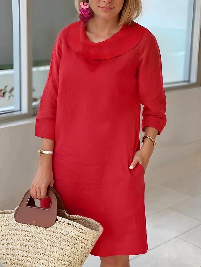 Per donna Blu chiaro Bianco Vino Estate Primavera Autunno Abito Midi Abiti in cotone e lino Vestito Casual Abito estivo in cotone Essenziale Classico Casual All'aperto Vacanza Quotidiano Vestibilit