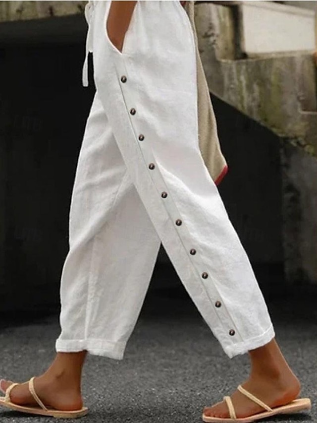  Women's Pants Trousers Linen Cotton Blend Side Pockets Ankle-Length Black Spring & Summer
