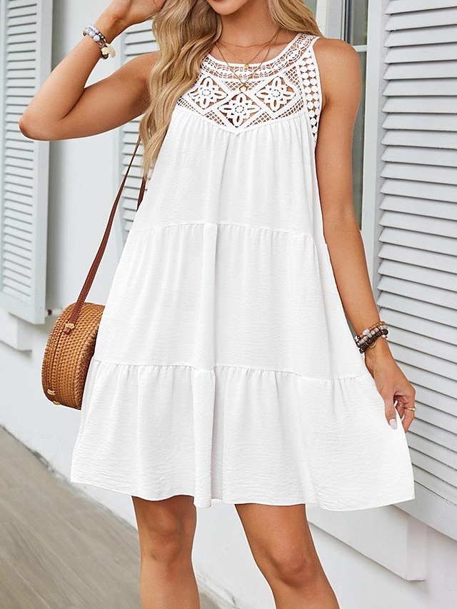  نسائي فستان أبيض فستان قصير دانتيل بقع عطلة كاجوال رقبة عالية مدورة بدون كم أسود أبيض أحمر اللون