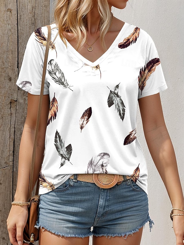  Damen T Shirt Graphic Täglich Modisch Kurzarm V Ausschnitt Weiß Sommer