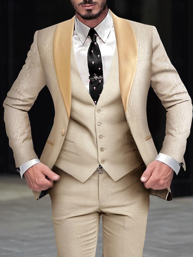  Champagne Men's Wedding Suits Jacquard Floral 2 Piece Tailored Fit Single Breasted One-button 2024