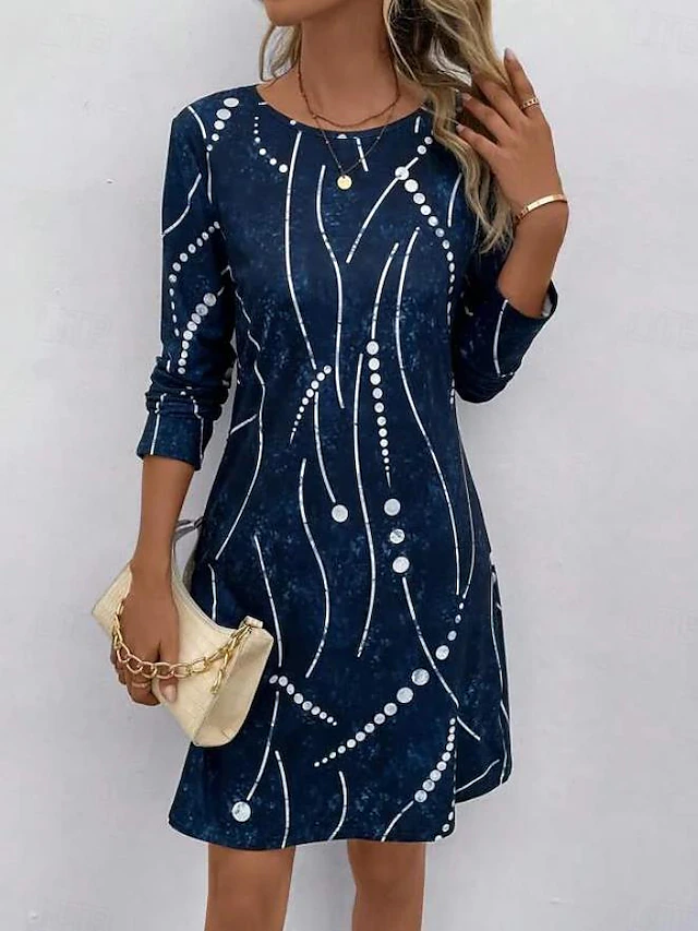 Women's Midi Dress Round Neckline Abstract Beaded Constellation Pattern A-Line Three Quarter Sleeve Velvet Texture Navy Blue Casual to Formal Occasions 7
