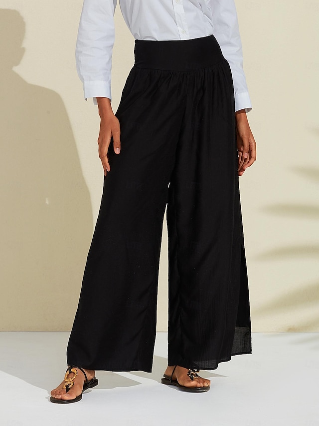 מכנסיים שחורים עם רגליים רחבות לנשים עם מותן גבוה מכנסיים מעוטרים מדגם זה