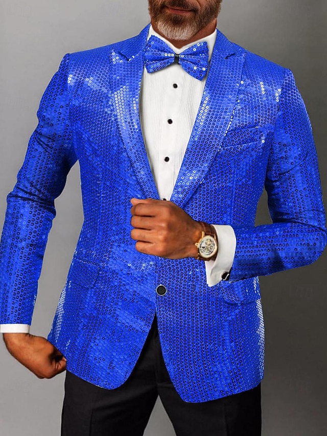 Men's Blazer Jacket Party Sparkle Sequin Solid Colored Black Silver Pink Tailored Fit Single Breasted Two-buttons