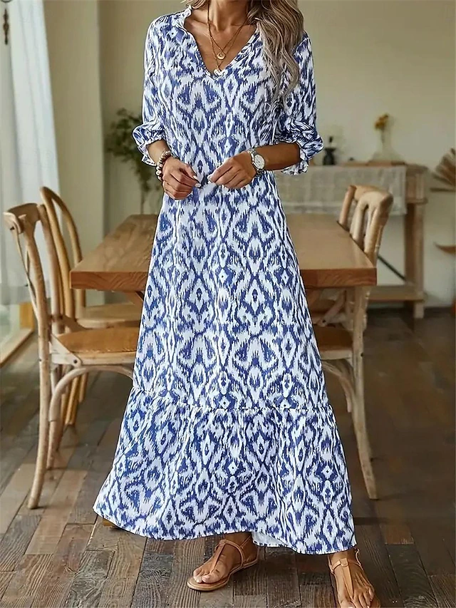 Women's Maxi Dress Bohemian Blue White Ikat Print V-neck Long Sleeve Flowing Beach Casual Social Holiday Full Sizes Comfortable Light Fabric 5