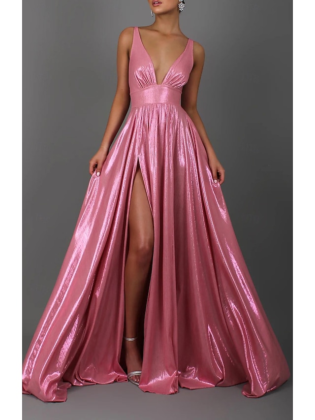  A-Line Prom Dresses Sparkle Dress Formal Wedding Guest Floor Length Sleeveless V Neck Satin with Pleats Slit 2024