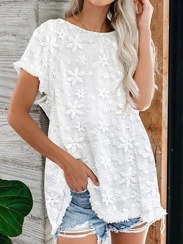  Shirt Blouse Women's White Plain Lace Street Daily Fashion Modern Round Neck Regular Fit S