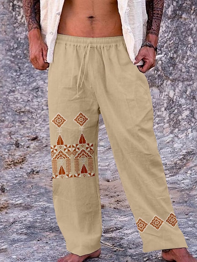  Estilo étnico patrones geométricos simétricos pantalones de lino 20% para hombres cintura elástica comodidad gráfica ropa de calle de longitud completa al aire libre pantalón casual hawaiano