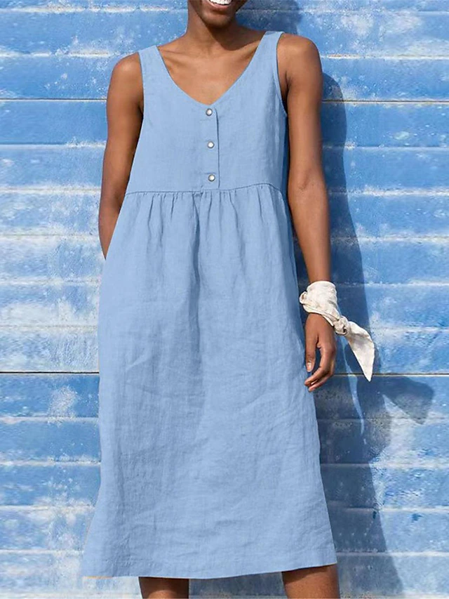 Women's Black Yellow Light Green Summer Spring Midi Dress Cotton Linen Dresses Tank Dress Cotton Summer Dress Casual Vacation Daily Loose Fit Plain V Neck 7