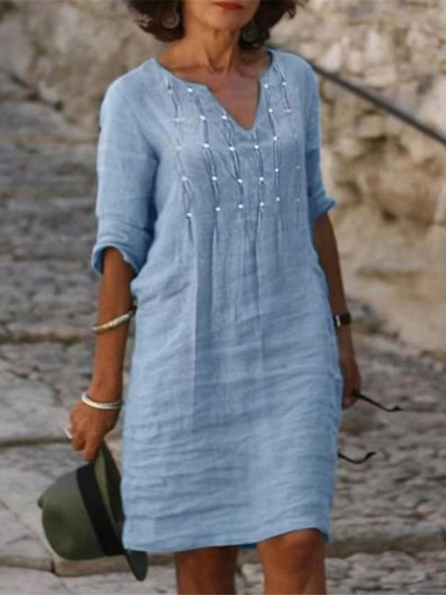  Damen Casual kleid Baumwoll-Leinenkleid Etuikleid Midikleid Grundlegend Basic Täglich V Ausschnitt Halbe Ärmel Sommer Frühling Blau Glatt