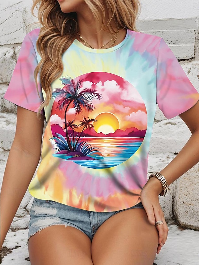  Femme T shirt Tee Tie Dye Vacances Tropique Hawaïen Manche Courte Col Ras du Cou Rose Claire Eté