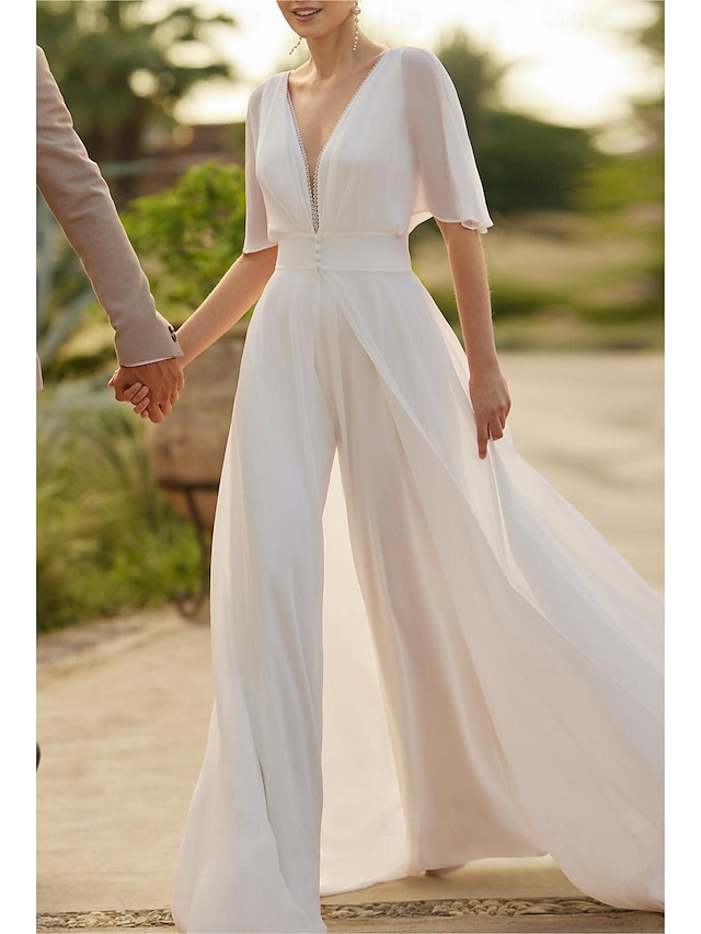  Wedding Dresses Jumpsuits Off Shoulder V Neck Half Sleeve Sweep / Brush Train Chiffon Bridal Gowns With Pleats Ruched 2024