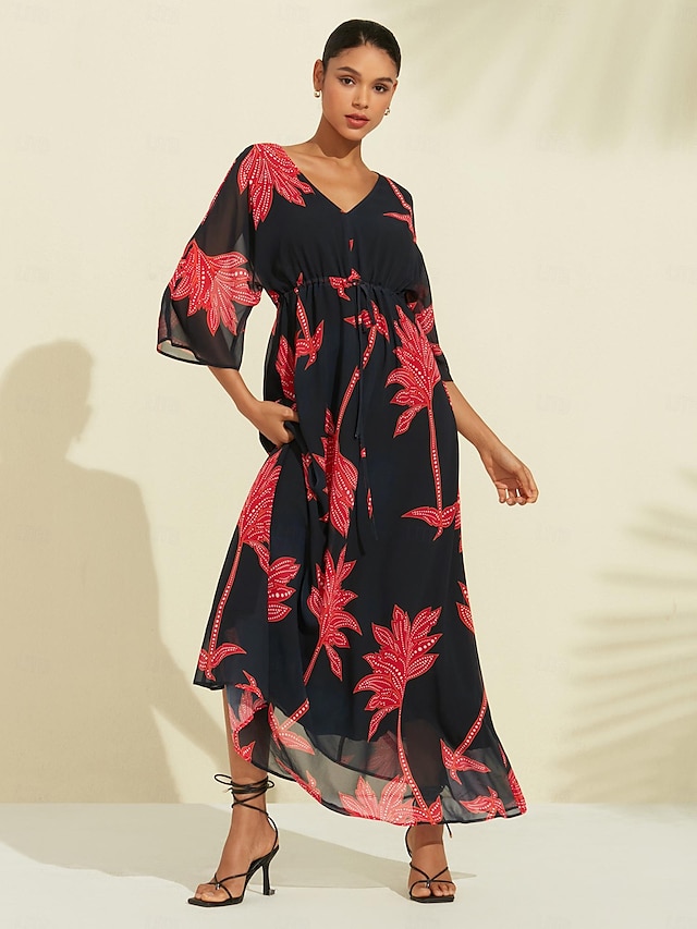  Maxi-jurk met blad- en bloemenprint van chiffon met v-hals