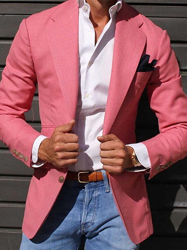  Men's Cocktail Attire Blazer Ceremony Wedding Party Business Attire Fashion Casual Spring &  Fall Polyester Plain Pocket Casual / Daily Single Breasted Blazer Light Pink Yellow Pink Royal Blue