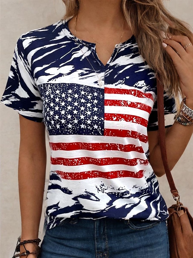  Mulheres Camiseta Bandeira EUA Diário Dia da Independência Azul Marinha Manga Curta à moda Gola Redonda Verão
