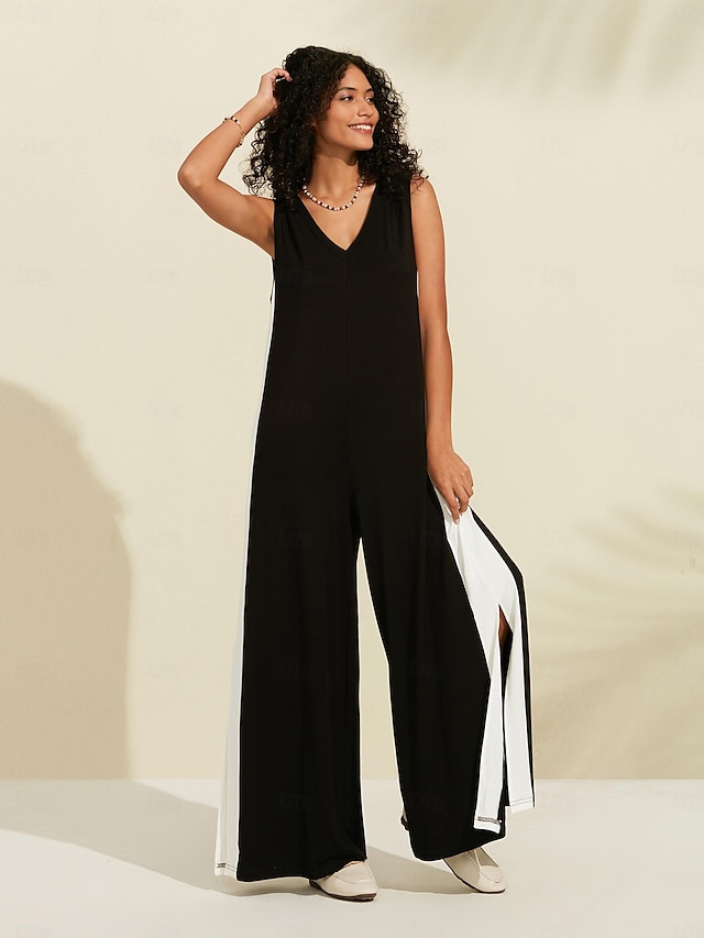  dam svart jumpsuit elegant modal färg block v-ringad ärmlös jumpsuit med vida ben