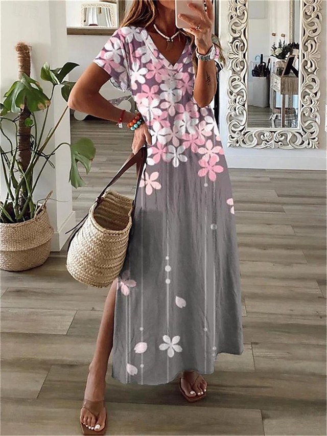  Women's Casual Dress Sundress Floral Print Split Thigh V Neck Long Dress Maxi Dress Casual Daily Date Short Sleeve Summer