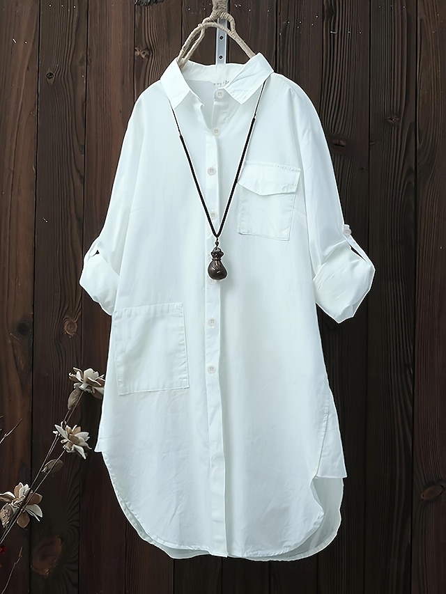  Camisa Social Mulheres Branco Cor Sólida / Simples camisas de colarinho Diário Diário Colarinho de Camisa Ajuste Largo L