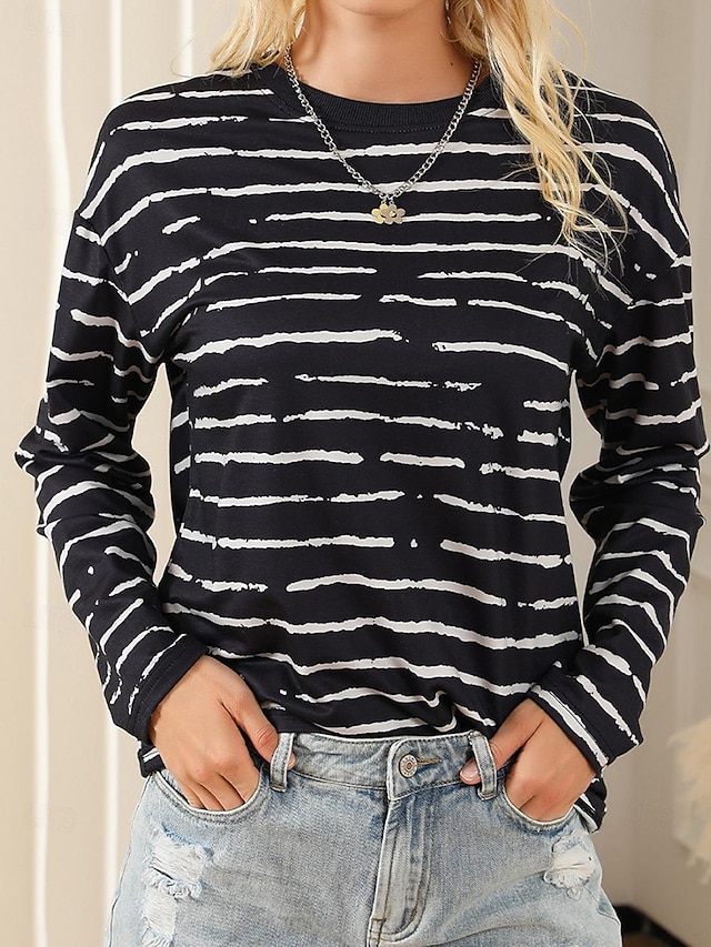  Women's T shirt Tee Striped Print Daily Weekend Fashion Long Sleeve Round Neck Black Spring &  Fall