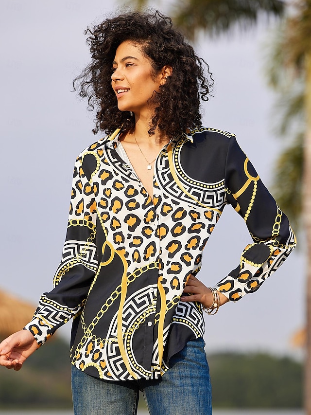  Mujer Camisa Blusa Leopardo Casual Botón Estampado Negro Manga Larga Moda Cuello Camisero Primavera & Otoño